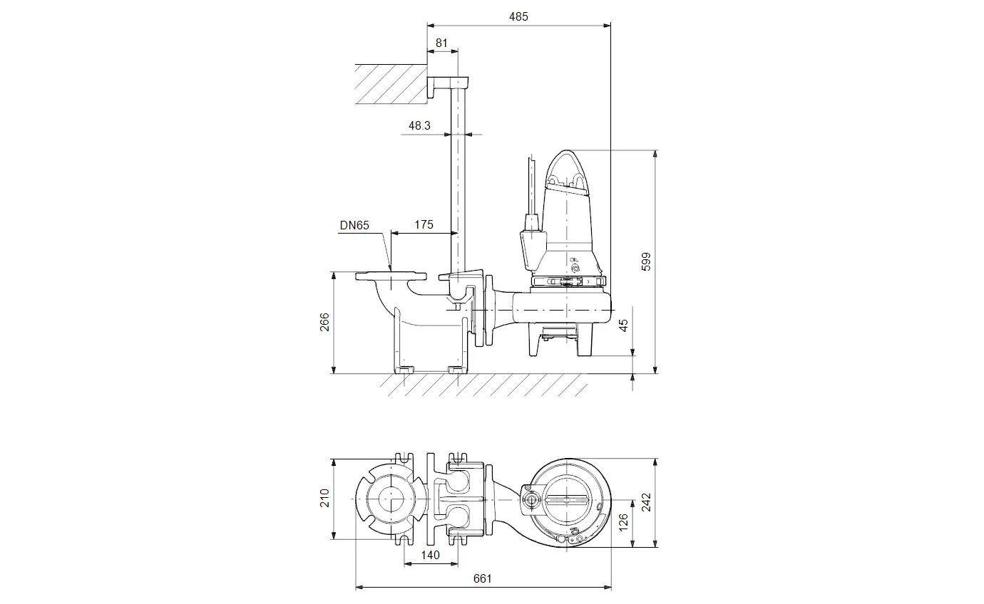 Schematische Darstellung einer Tauchmotorpumpe von Grundfos mit klaren Maßen. Die Zeichnung zeigt die seitliche und obere Ansicht des Geräts.